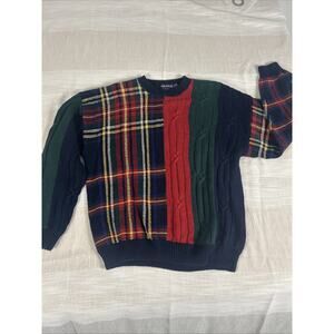 Vintage Nautica 90's Men's Plaid Knit Sweater Size XL Cable knit Color Block VTG